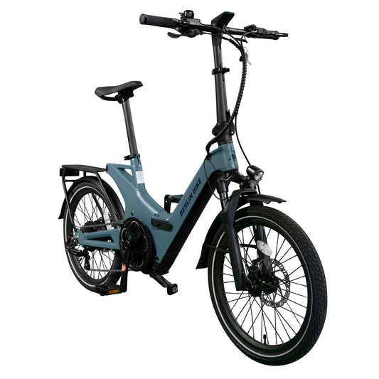 Berlin Bike 2GO Klapprad e-bike 20 Zoll, Dunkelblau 45grad frontansicht 1080x1080