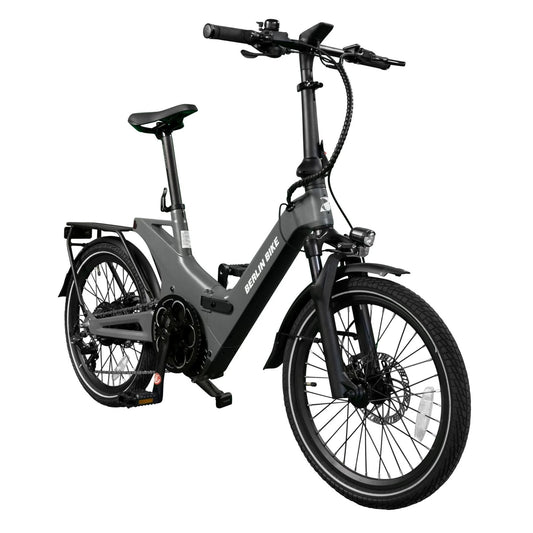 Berlin Bike 2GO Folding E-Bike 20 Inch, Matt grau 45grad frontansicht 1080x1080