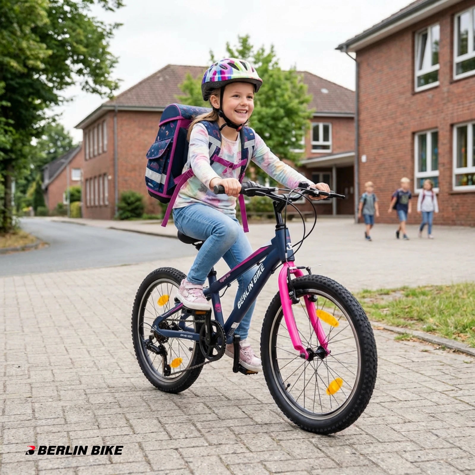 Berlin Bike Grizz Kinderfahrrad 20 Zoll, Rosa lifestyle maedchen geht zur schule mit rucksack 1080x1080