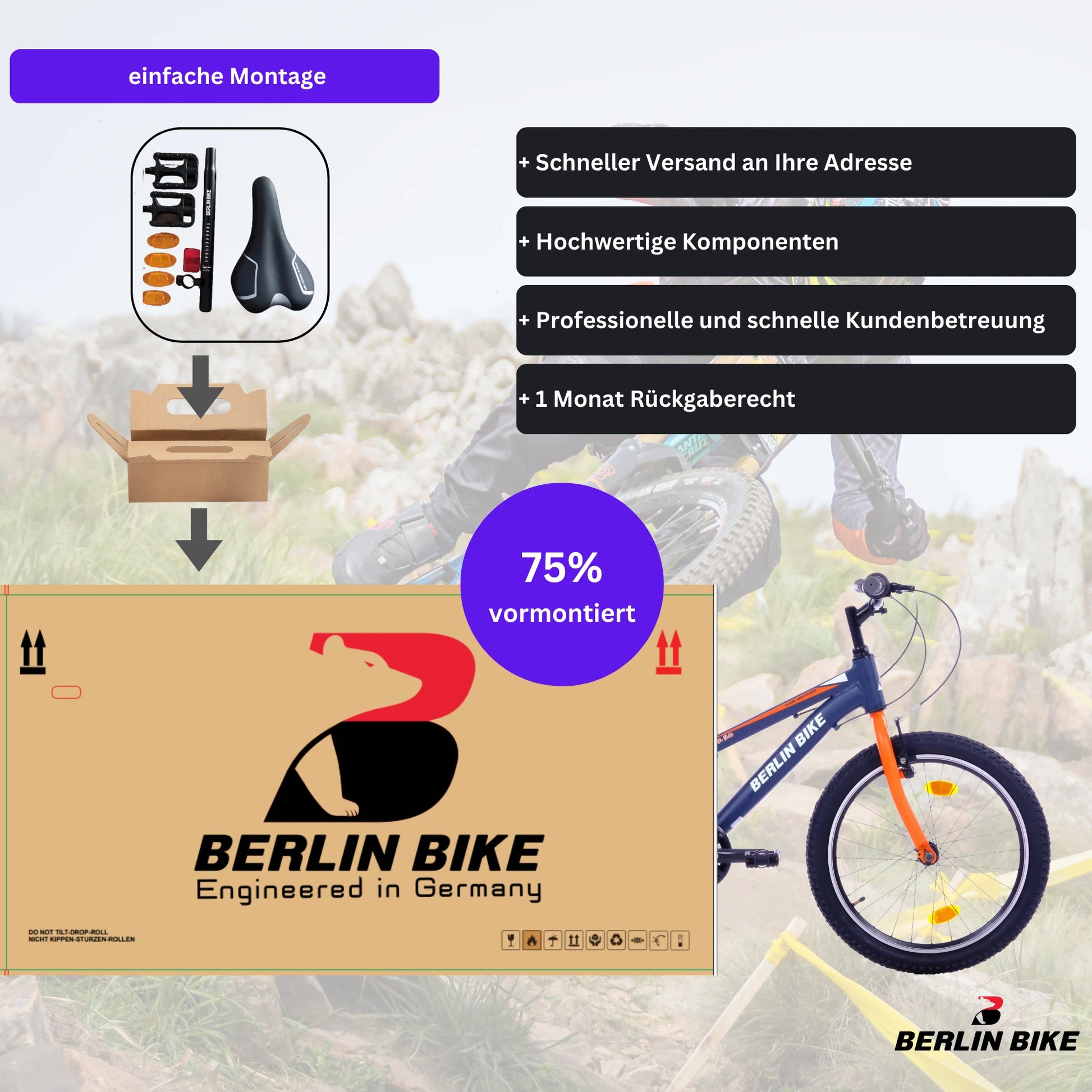 Berlin Bike Grizz Kids Bike 20 Inch, Zoll orange 75 prozent vormontiert einfache montage 1080x1080