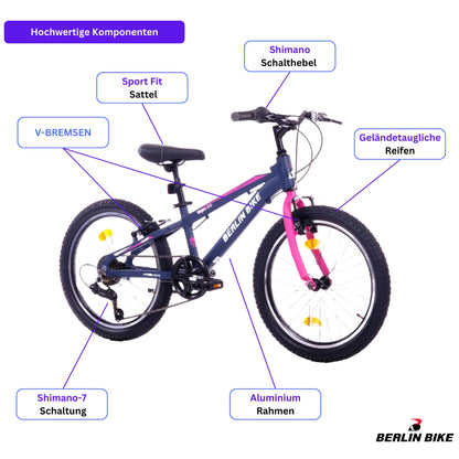 Berlin Bike Grizz Kinderfahrrad 20 Zoll, Rosa hochwertige fahrradteile schema 1080x1080