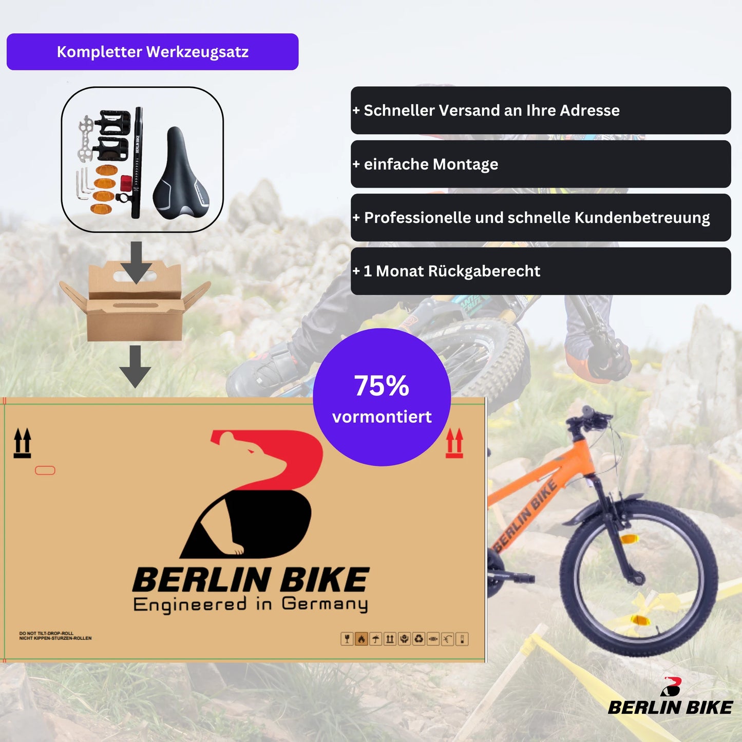 Berlin Bike MTB1 Kids Mountain Bike 20 Inch, Zoll orange 75 prozent vormontiert einfache montage 1080x1080
