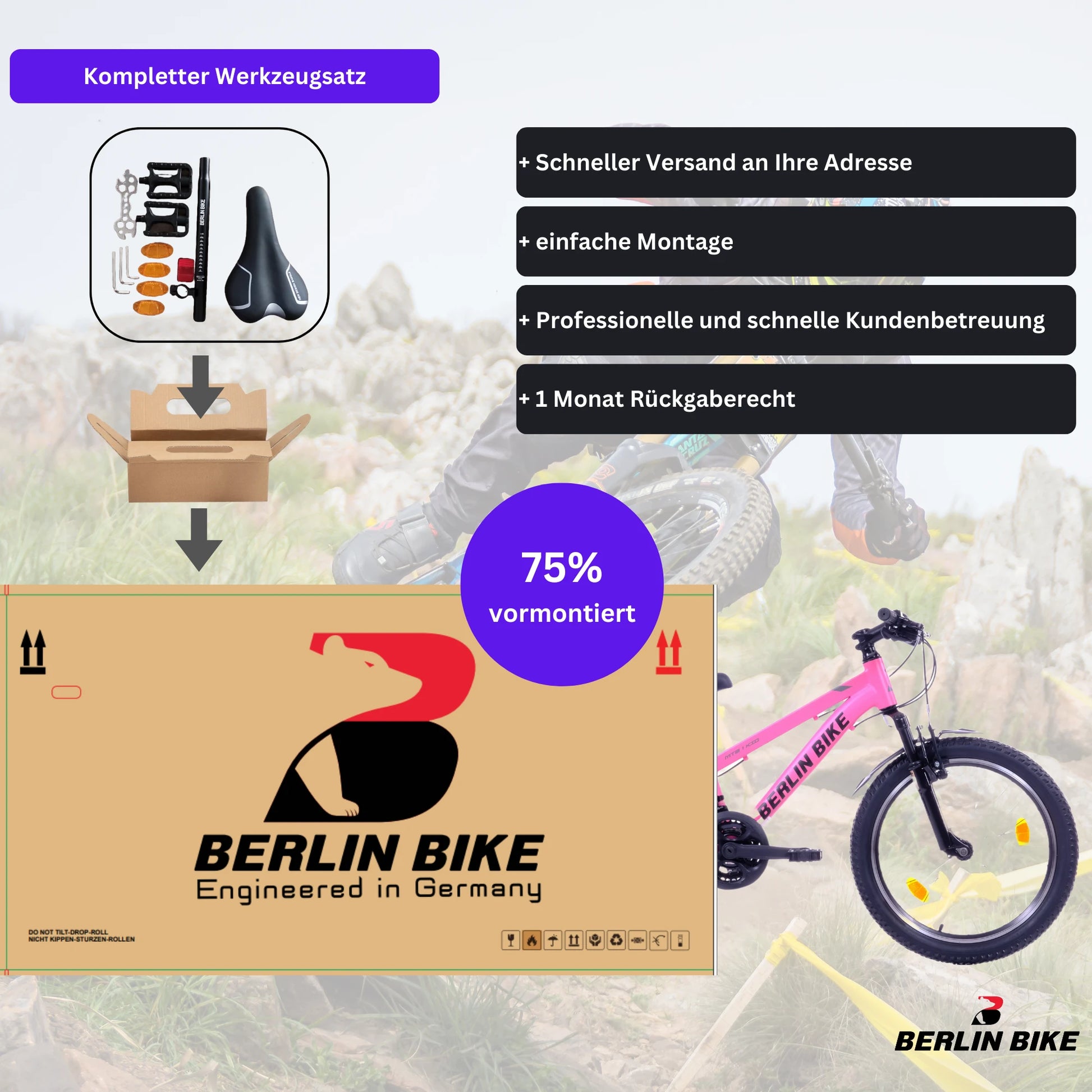 Berlin Bike MTB1 Kids Mountain Bike 20 Inch, Zoll rosa 75 prozent vormontiert einfache montage 1080x1080