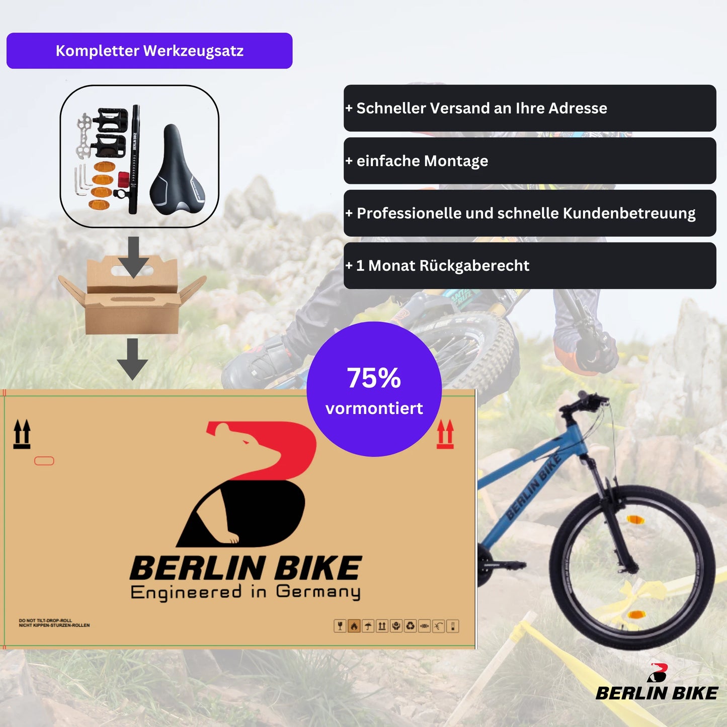 Berlin Bike MTB1 Youth Mountain Bike 24 Inch, Zoll blau 75 prozent vormontiert einfache montage 1080x1080