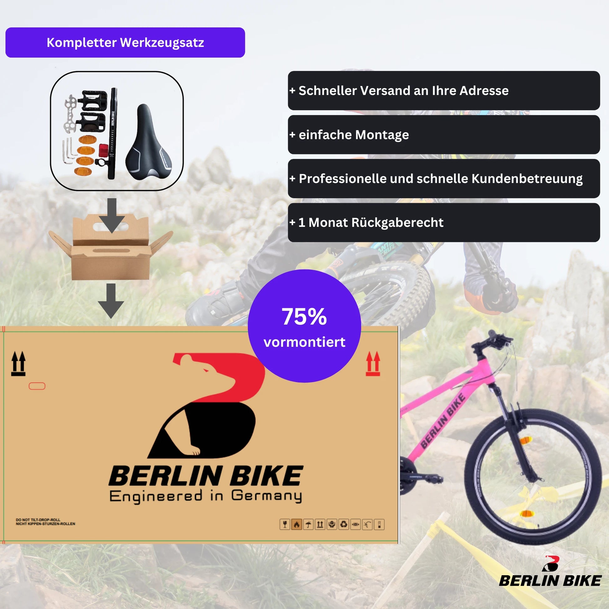 Berlin Bike MTB1 Youth Mountain Bike 24 Inch, Zoll rosa 75 prozent vormontiert einfache montage 1080x1080