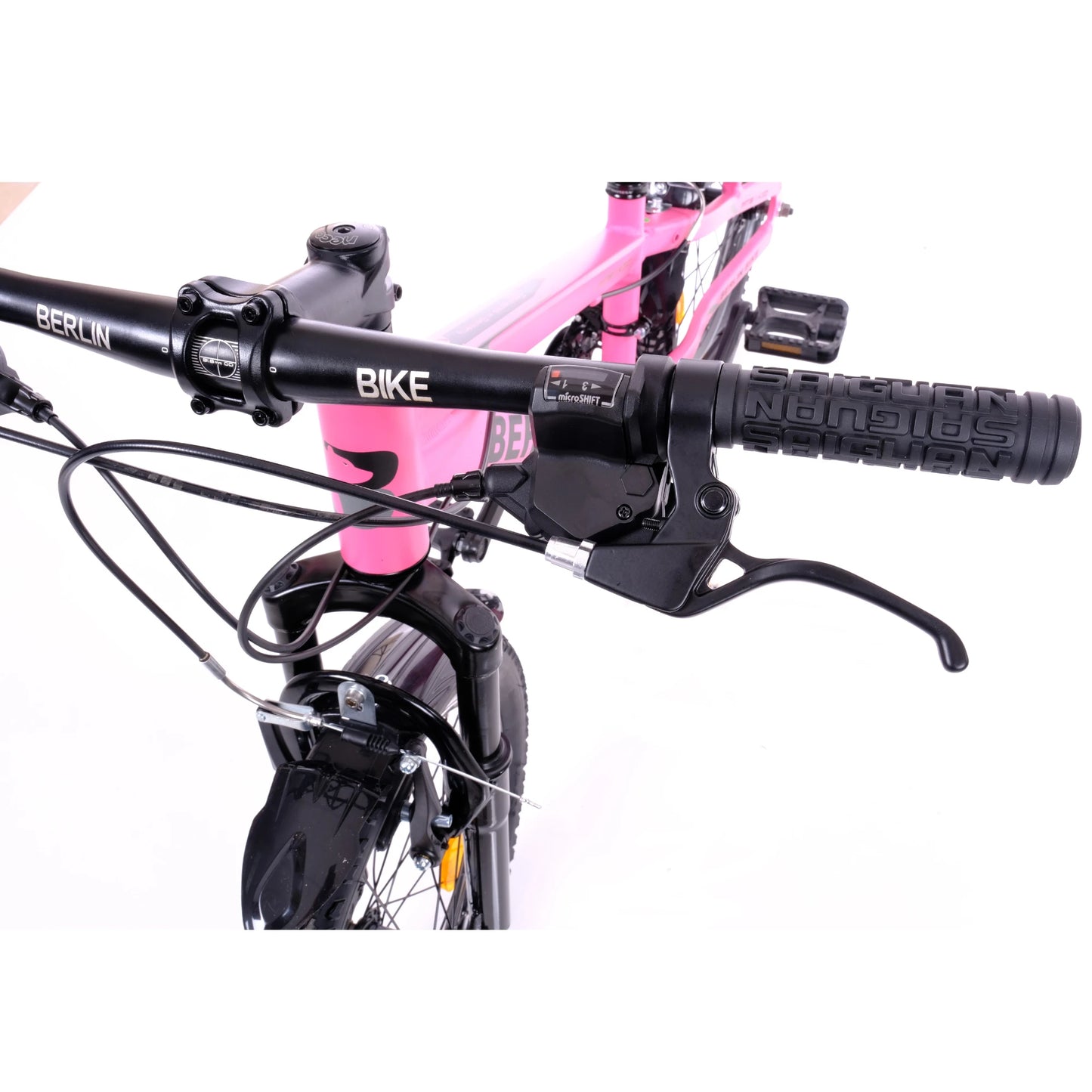 Berlin Bike MTB1 Kids Mountain Bike 20 Inch, Zoll rosa bremshebel und schaltgriff am lenker links detail 1080x1080