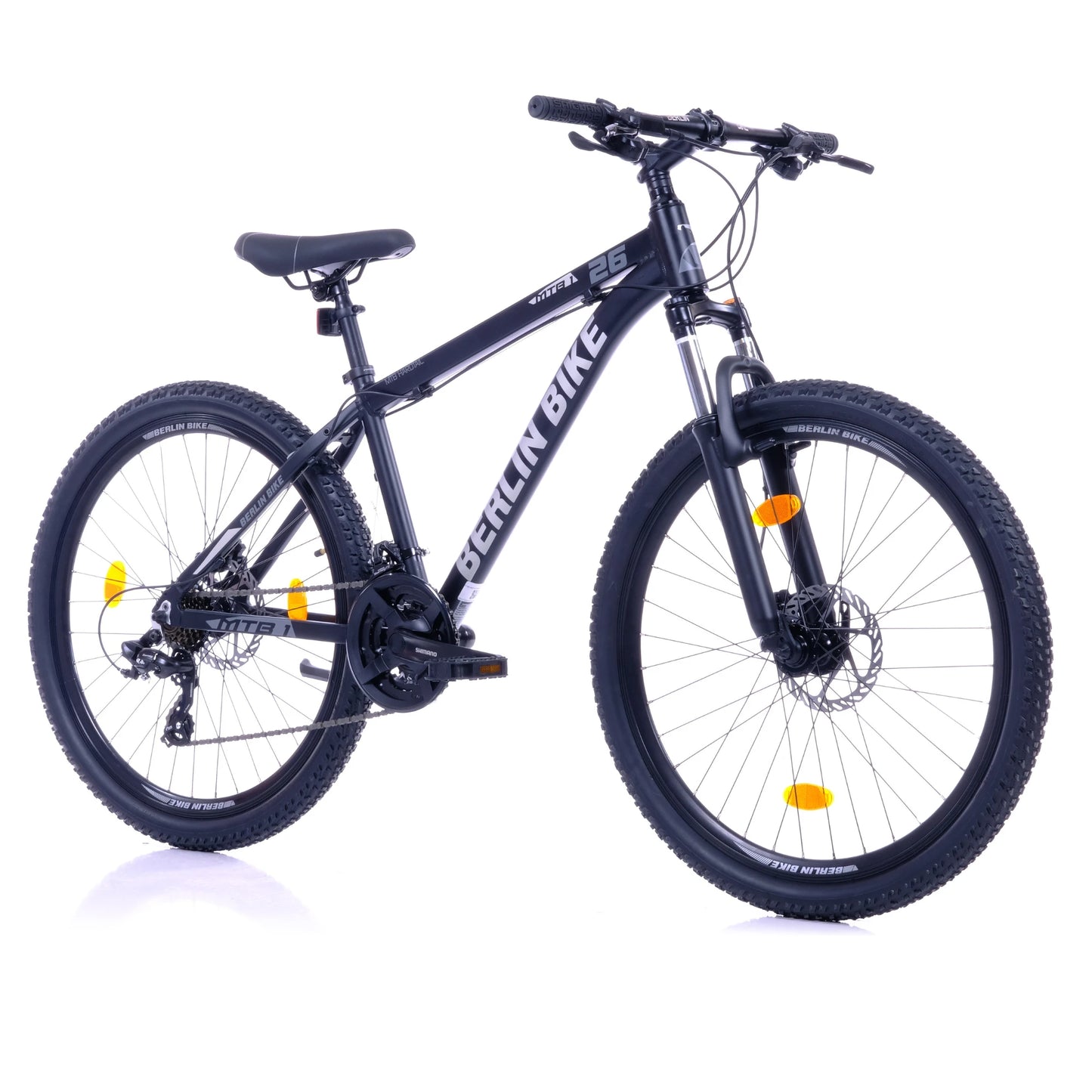 Berlin Bike MTB1 Mountain Bike, 26 zoll schwarz 45grad frontansicht 1080x1080