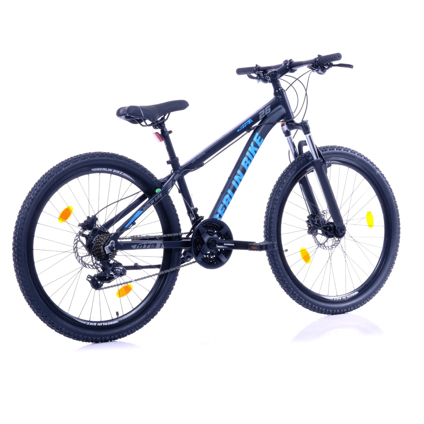 Berlin Bike MTB1 Mountainbike 26 Zoll, Schwarz mit blauem sticker 45grad rueckansicht 1080x1080