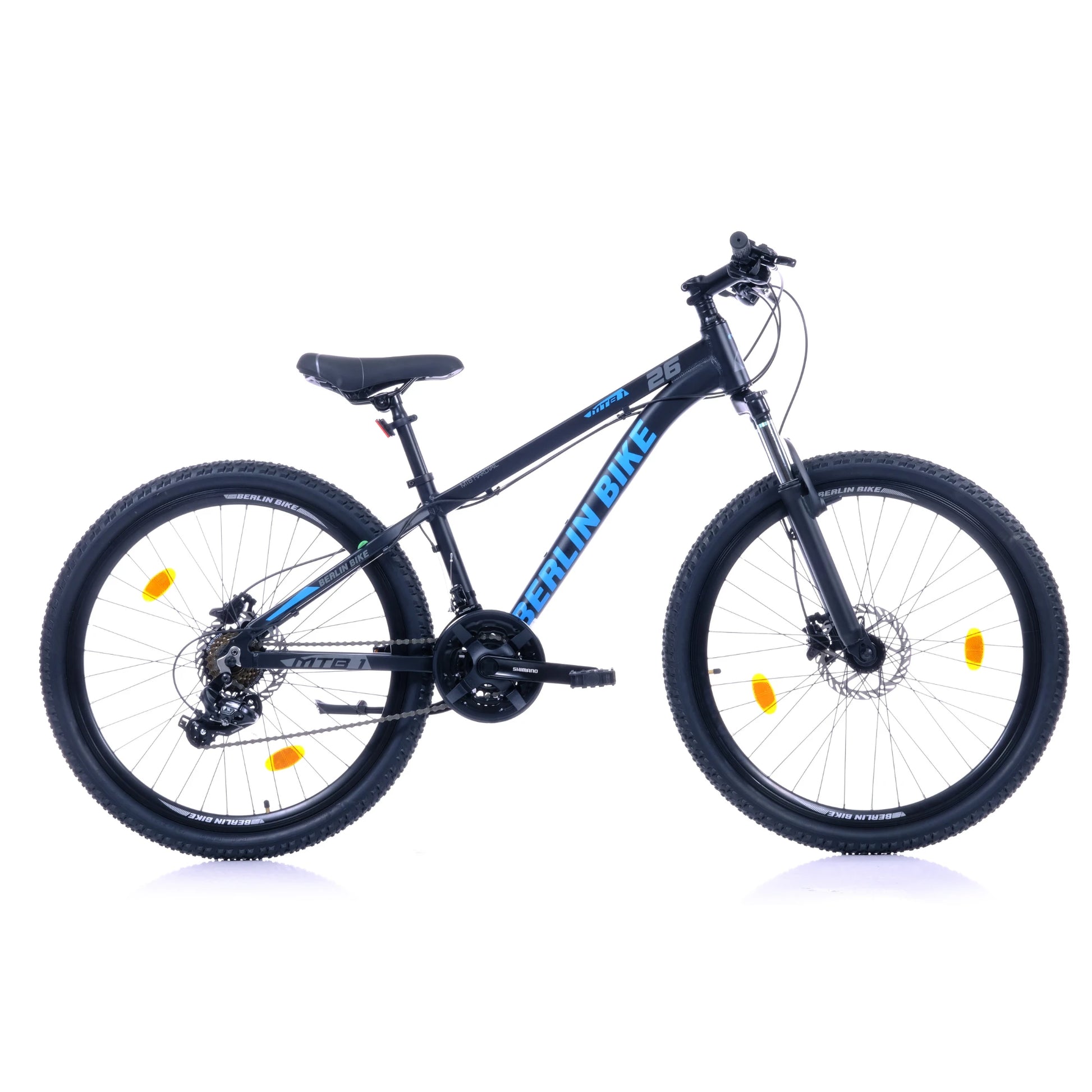 Berlin Bike MTB1 Mountain Bike, 26 zoll schwarz mit blauem sticker profilansicht 1080x1080