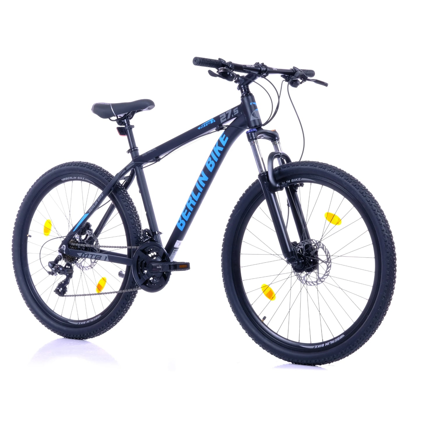 Berlin Bike MTB1 Mountain Bike, 27 5 zoll schwarz mit blauem sticker 45grad frontansicht 1080x1080