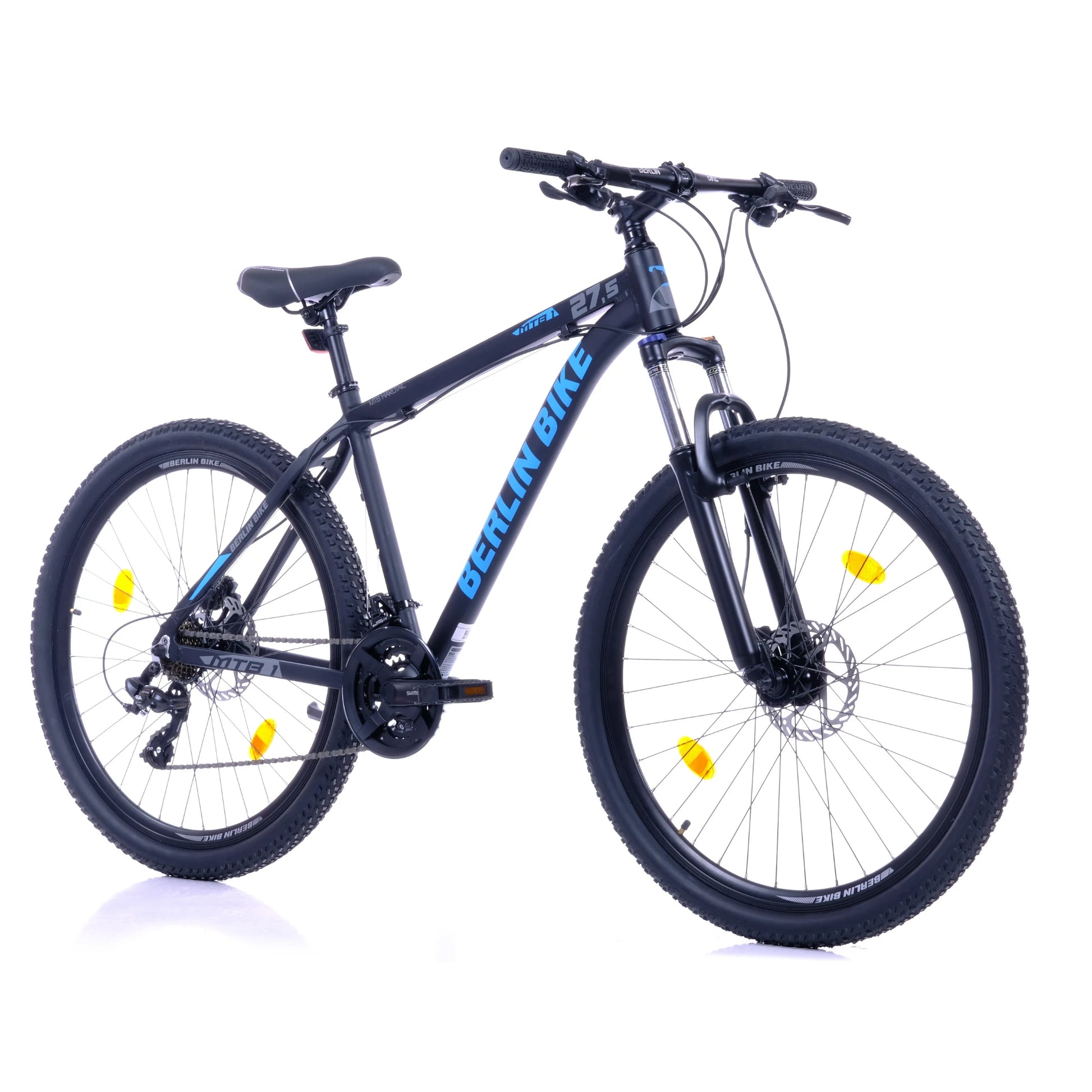 Berlin Bike MTB1 Mountain Bike, 27 5 zoll schwarz mit blauem sticker 45grad frontansicht 1080x1080