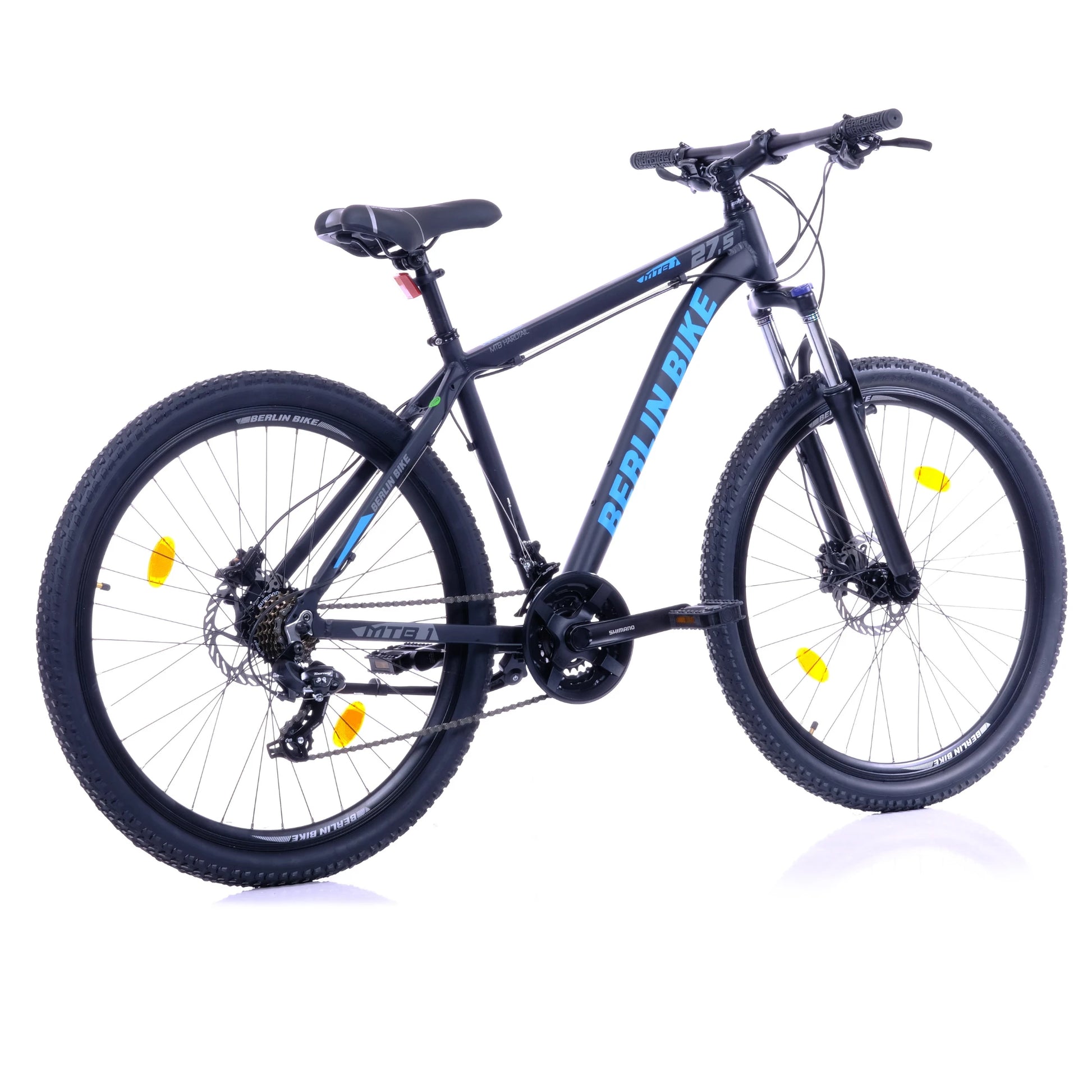 Berlin Bike MTB1 Mountainbike 26 Zoll, Schwarz mit blauem sticker 45grad rueckansicht 1080x1080