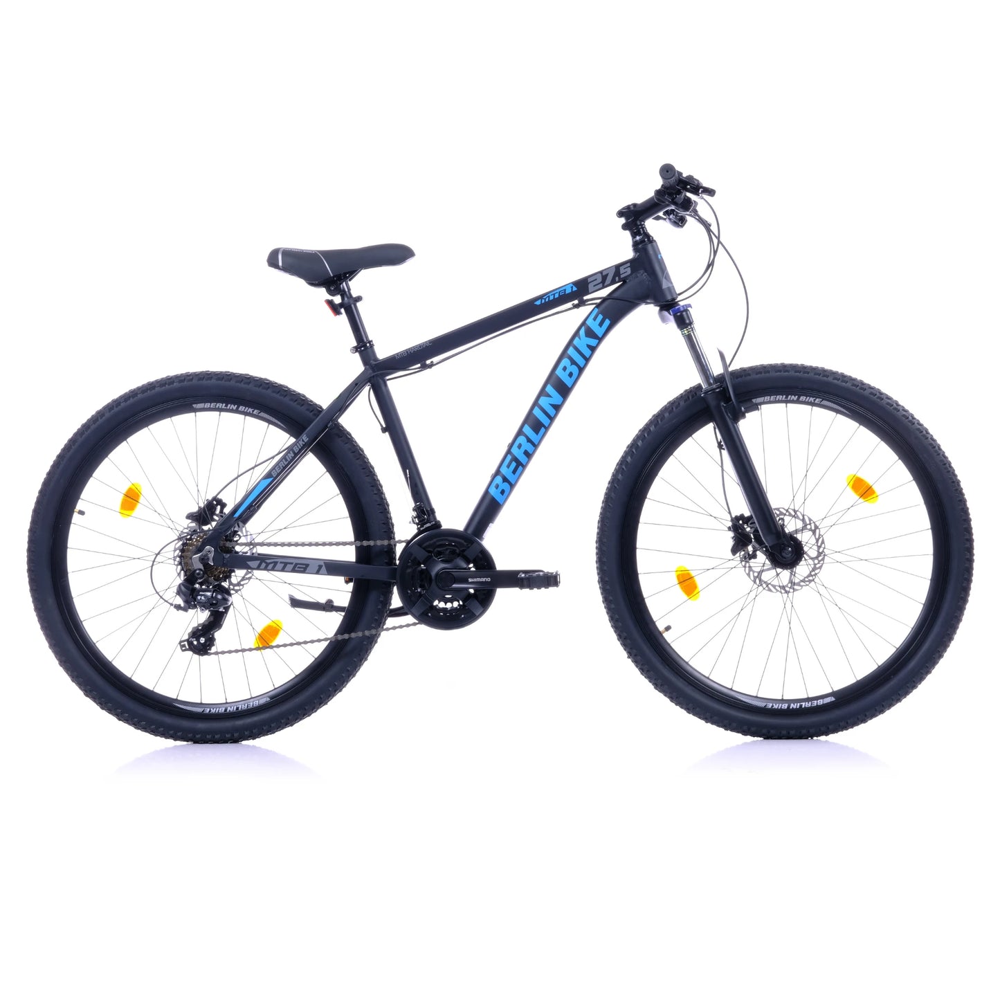 Berlin Bike MTB1 Mountainbike 26 Zoll, Schwarz mit blauem sticker profilansicht 1080x1080