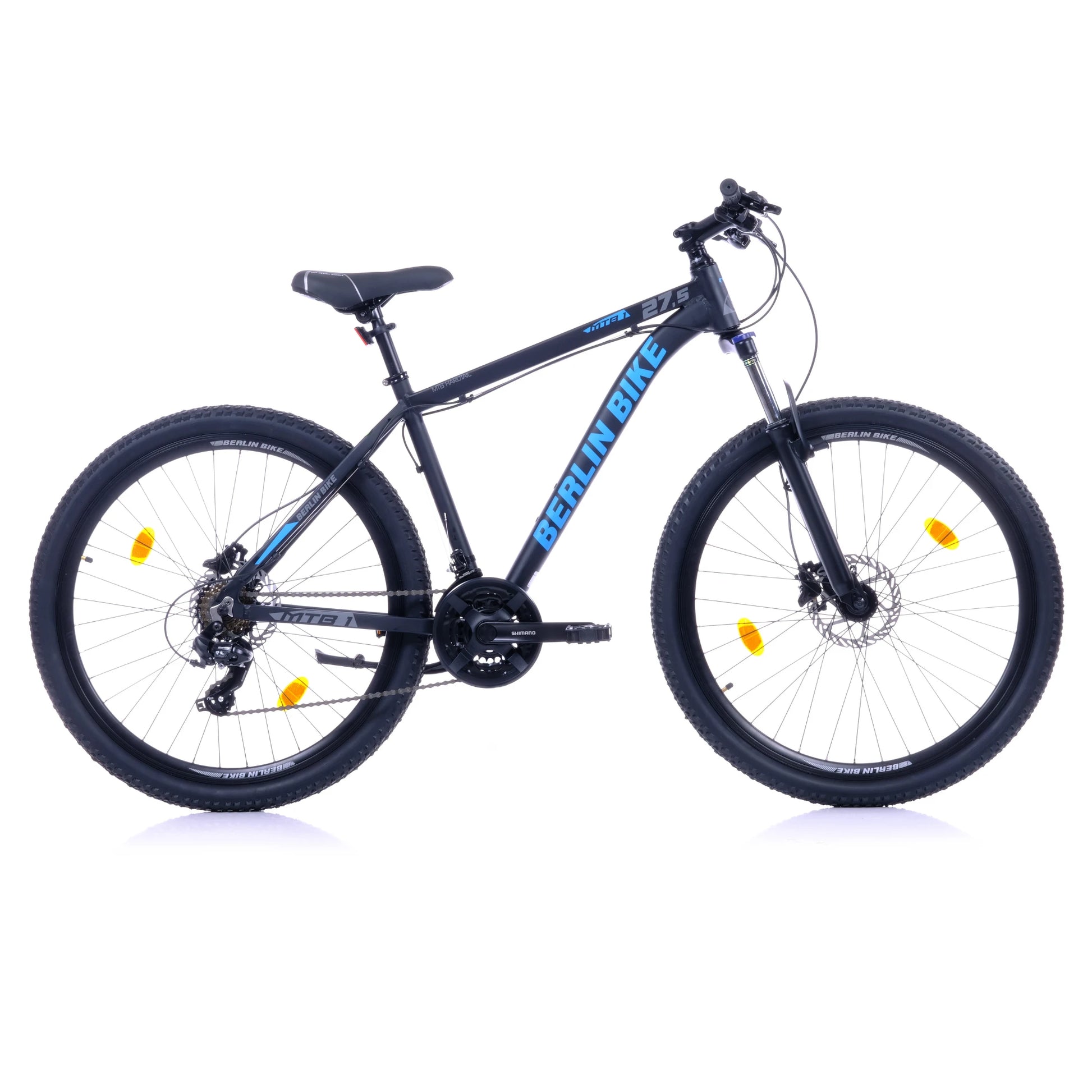 Berlin Bike MTB1 Mountainbike 26 Zoll, Schwarz mit blauem sticker profilansicht 1080x1080