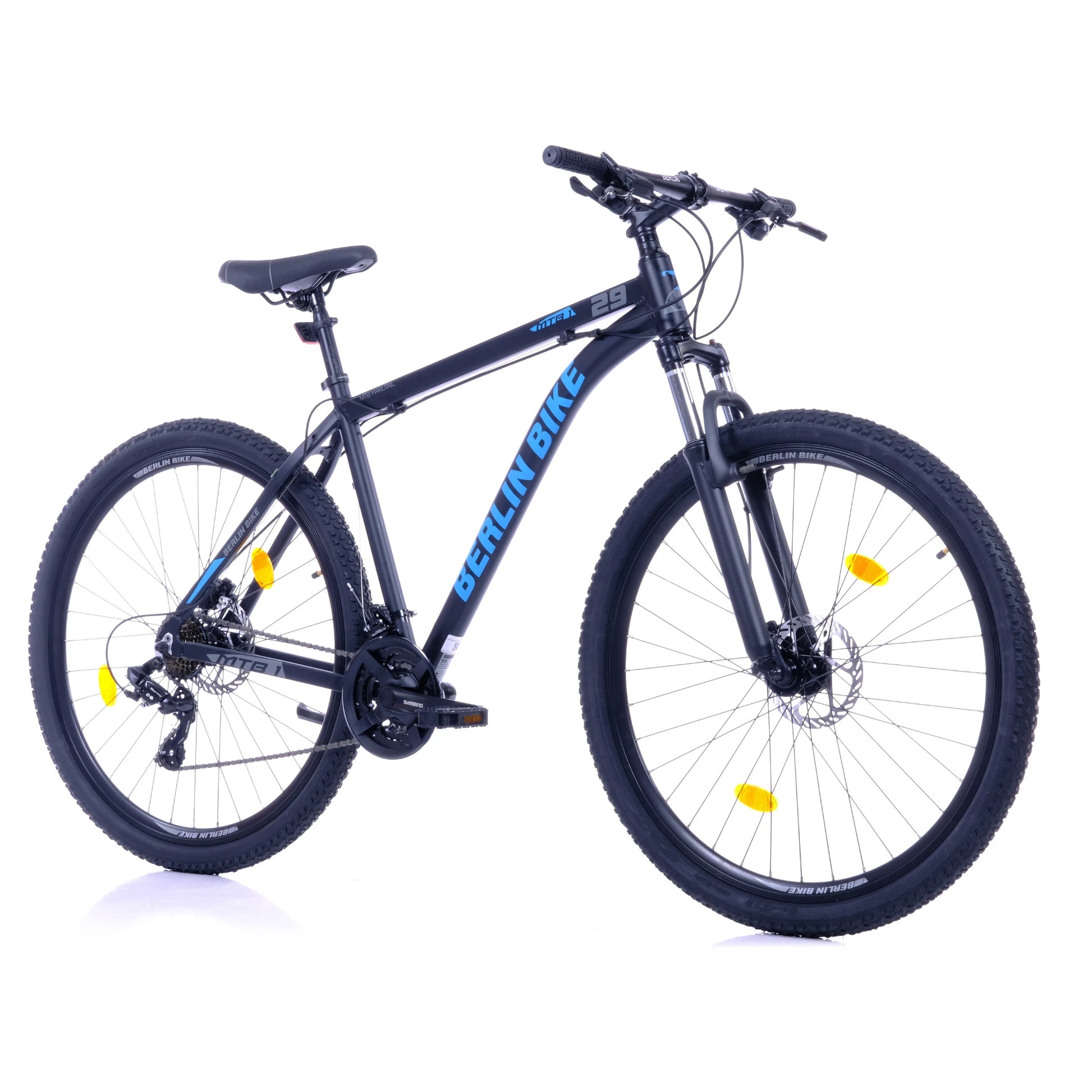 Berlin Bike MTB1 Mountain Bike, 29 zoll schwarz mit blauem sticker 45grad frontansicht 1080x1080
