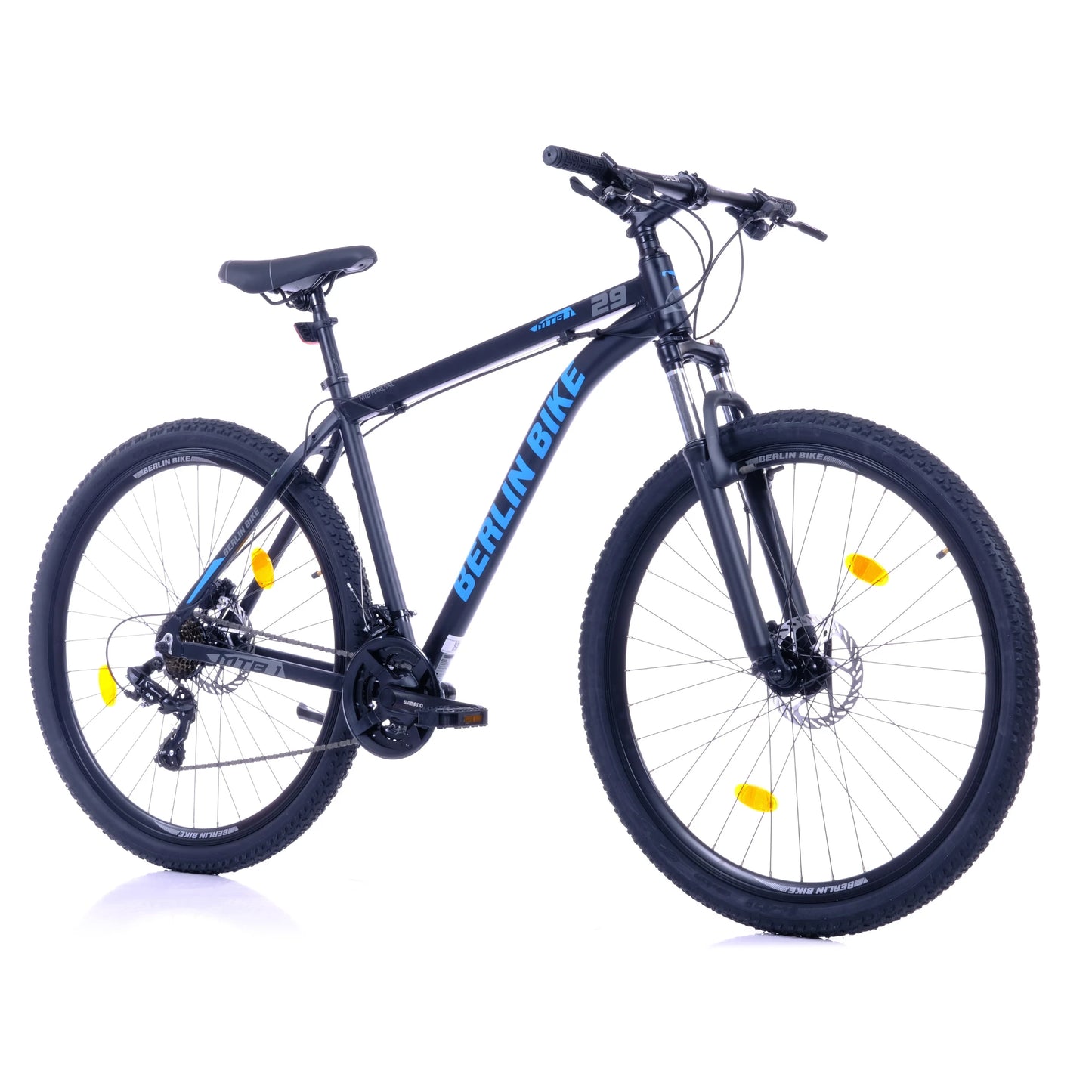 Berlin Bike MTB1 Mountain Bike, 29 zoll schwarz mit blauem sticker 45grad frontansicht 1080x1080