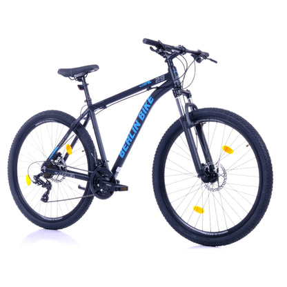 Berlin Bike MTB1 Mountain Bike, 29 zoll schwarz mit blauem sticker 45grad frontansicht 1080x1080
