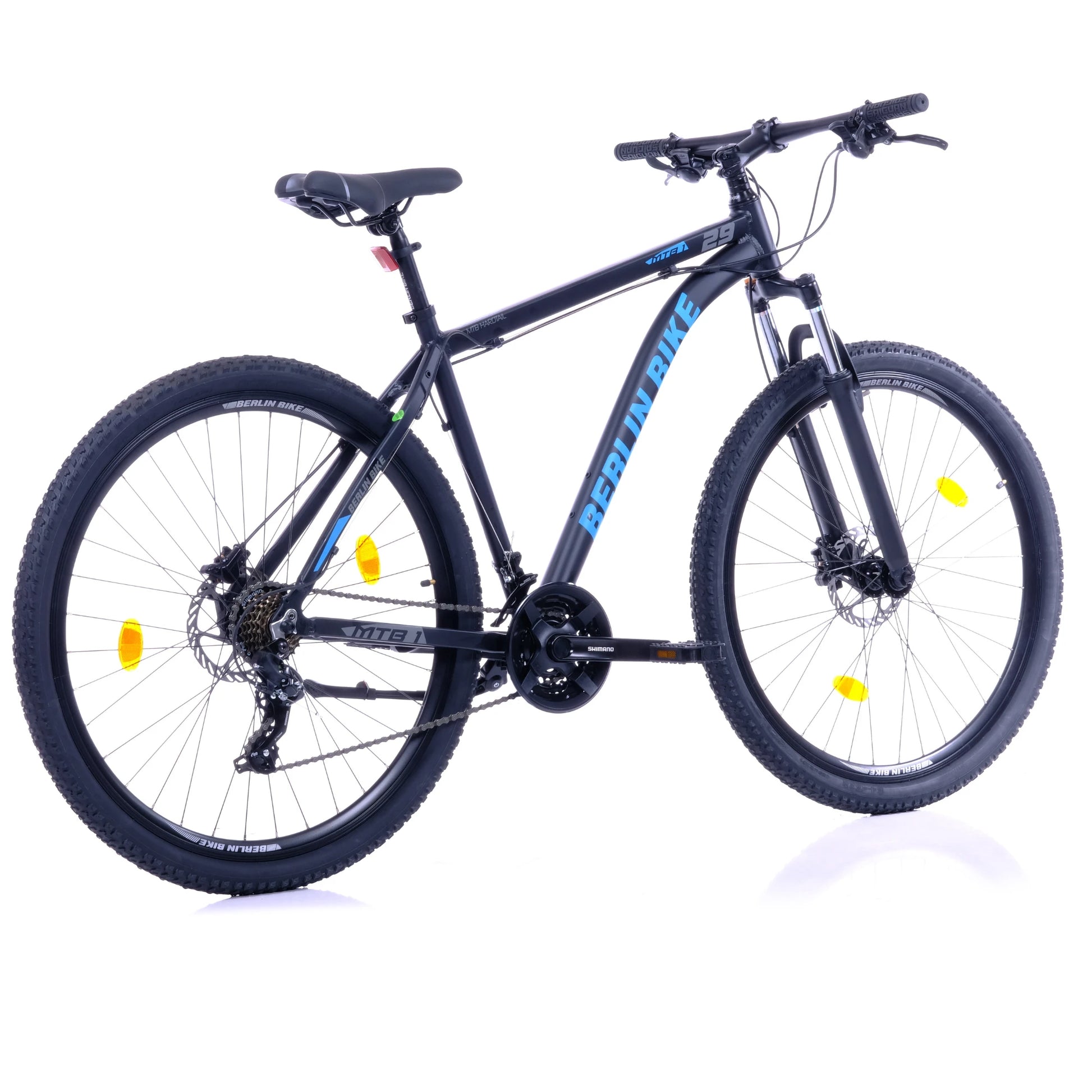 Berlin Bike MTB1 Mountain Bike, 29 zoll schwarz mit blauem sticker 45grad rueckansicht 1080x1080