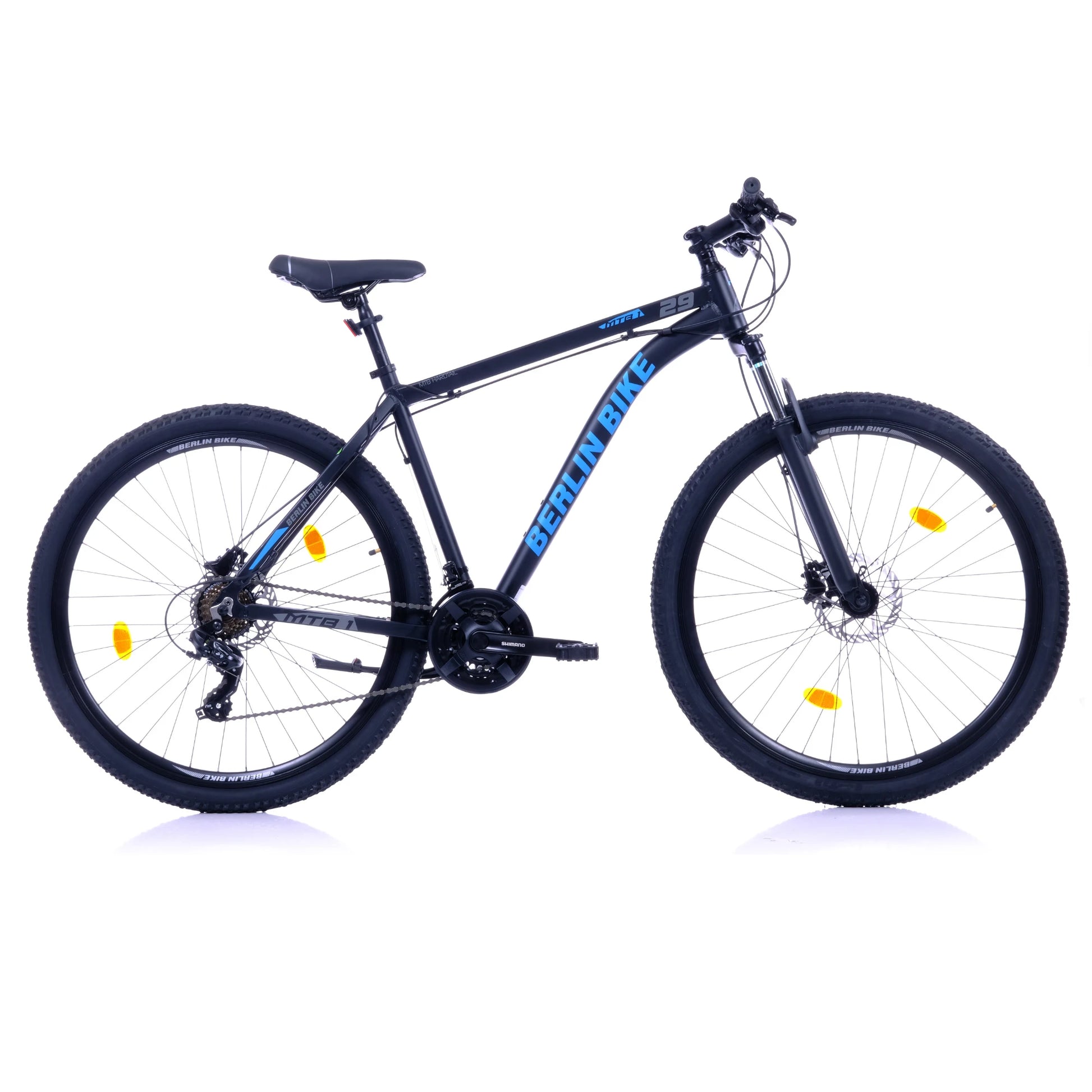Berlin Bike MTB1 Mountainbike 26 Zoll, Schwarz mit blauem sticker profilansicht 1080x1080