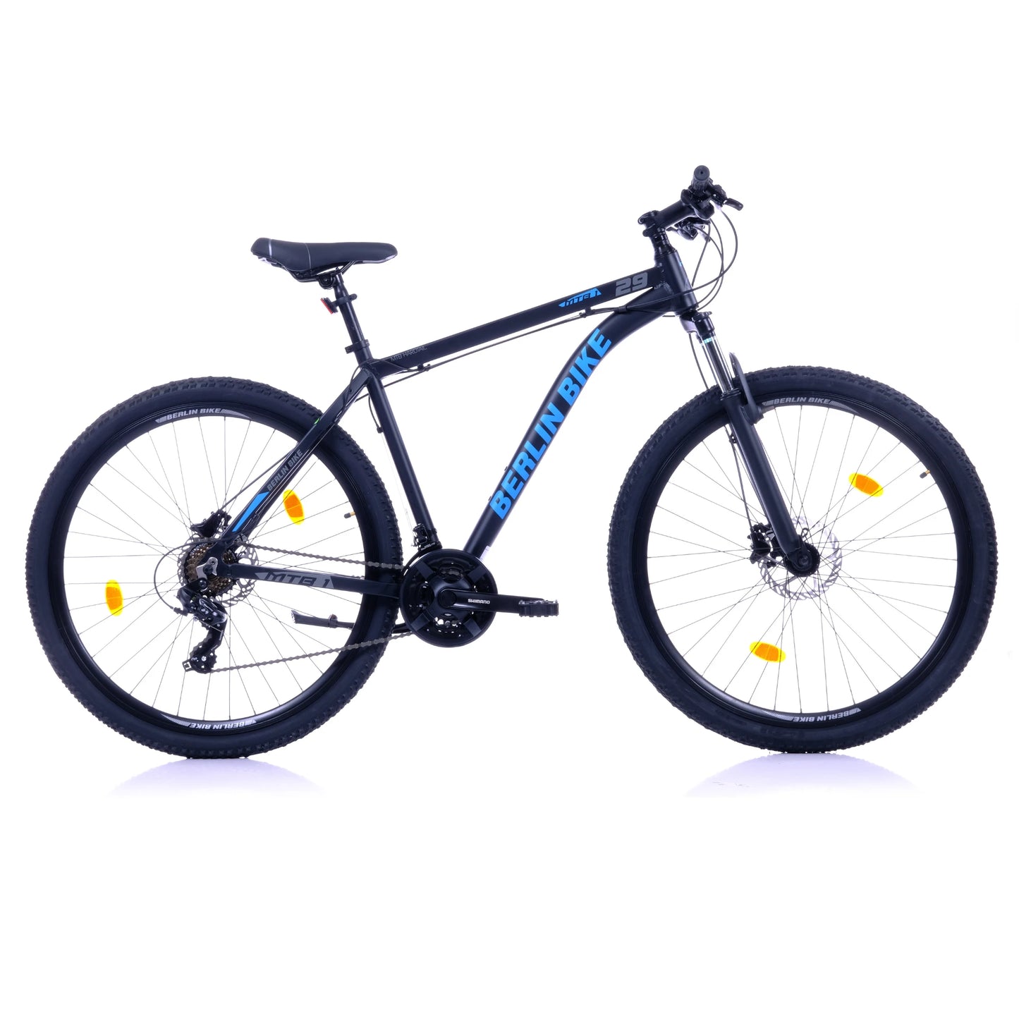 Berlin Bike MTB1 Mountain Bike, 29 zoll schwarz mit blauem sticker profilansicht 1080x1080